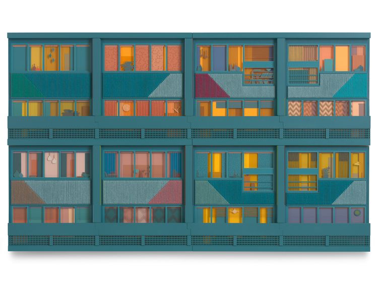 Lucy Williams, Radiant City #12, 2026, Paper, Perspex, engineered wood, cotton embroidery thread, cotton crochet thread, and acrylic, paint on birch ply panel, 17 3, 4 x 29 1, 2 inches, 45.1 x 74.9 cm, MMG#38885