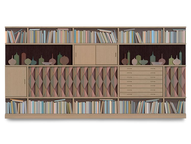Lucy Williams, Bookcase (with abstract assemblage) #4, 2026, Paper, engineered wood, oak veneer, piano wire, wool, cotton embroidery thread, and acrylic paint, on birch ply panel, 14 1, 4 x 28 1, 4 inches, 36.2 x 71.8 cm, MMG#38880