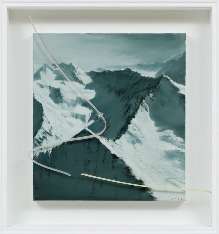 Jia Aili, Pink Curve, 2026. Oil on linen and acrylic pen on plexiglass, in artist’s frame, 32 ¾ × 30 ¾ × 4 ½ inches (83 × 78 × 11.5 cm) © Jia Aili Studio. Photo: Takeru Koroda