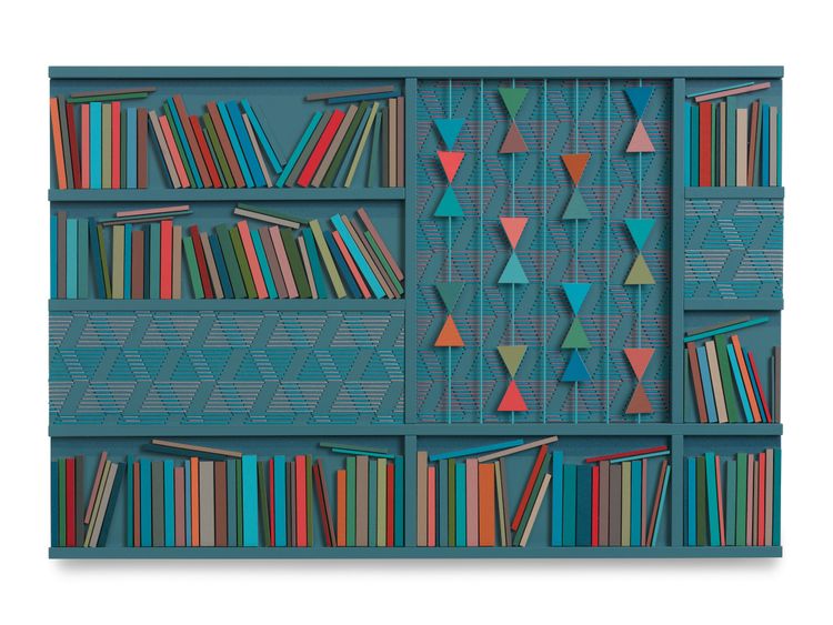 Lucy Williams, Bookcase (with mobiles) #1, 2026, Paper, engineered wood, cotton embroidery, thread, piano wire, and acrylic paint on, birch ply panel, 10 1, 4 x 15 1, 4 inches, 26 x 38.7 cm, MMG#38887