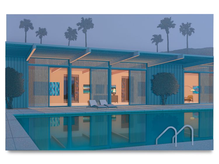 Lucy Williams, Palm Springs #6, 2026, Paper, Perspex, engineered wood, cotton embroidery thread, piano wire, and acrylic, paint on birch ply panel, 25 3, 4 x 39 1, 2 inches, 65.4 x 100.3 cm, MMG#38889