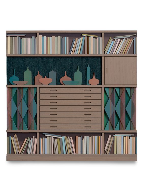 Lucy Williams, Bookcase (with abstract assemblage) #5, 2026, Paper, engineered wood, oak veneer, piano wire, wool, cotton embroidery thread, and acrylic paint, on birch ply panel, 14 1, 4 x 14 1, 4 inches, 36.2 x 36.2 cm, MMG#38881