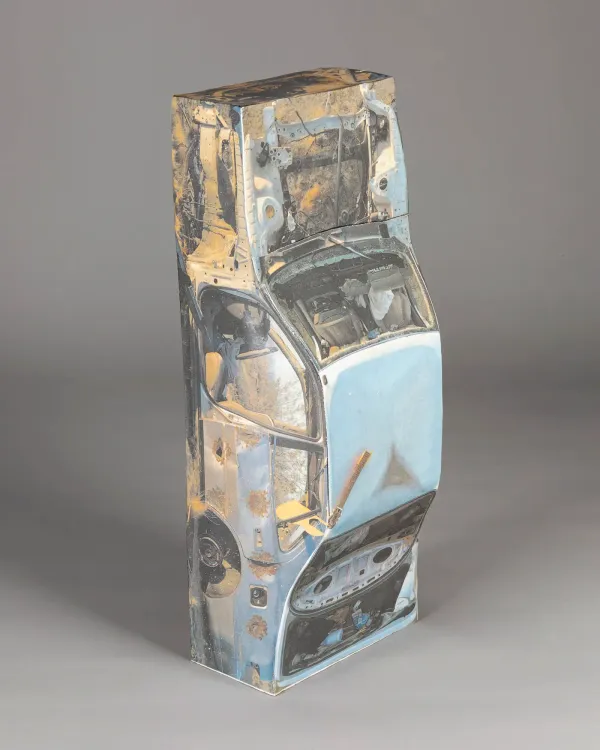 Ry Rocklen, Rolling Stone, 2026. Ceramic, glaze, glaze decal 15 1/2 x 6 x 4 1/2 inches 39.4 x 15.2 x 11.4 cm.