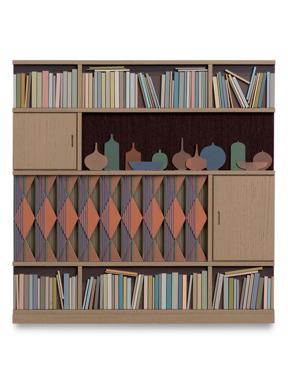 Lucy Williams, Bookcase (with abstract assemblage) #6, 2026, Paper, engineered wood, oak veneer, piano wire, wool, cotton embroidery thread, and acrylic paint, on birch ply panel, 14 1, 4 x 14 1, 4 inches, 36.2 x 36.2 cm, MMG#38882