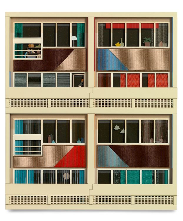 Lucy Williams, Radiant City #11, 2025, Paper, Perspex, engineered wood, cotton embroidery thread, cotton crochet thread, and acrylic, paint on birch ply panel, 17 1, 2 x 15 1, 4 inches, 44.5 x 38.7 cm, MMG#38884