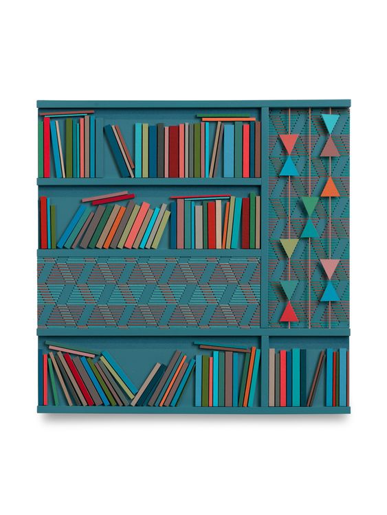 Lucy Williams, Bookcase (with mobiles) #2, 2026, Paper, engineered wood, cotton embroidery, thread, piano wire, and acrylic paint on birch, ply panel, 10 1, 4 x 10 1, 4 inches, 26 x 26 cm, MMG#38888