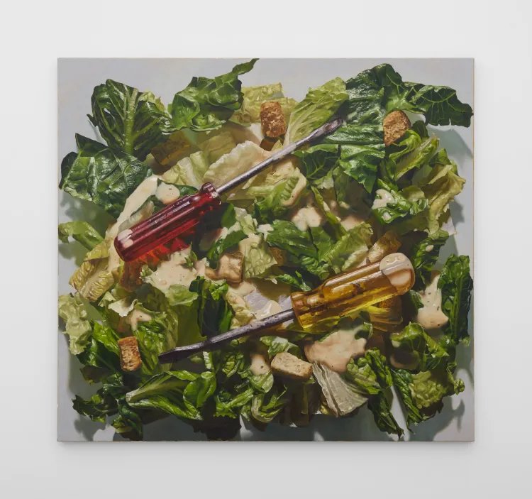 Adam Higgins, Caesar Salad with Two Screwdrivers, 2026. Oil on canvas, 43 x 47 in (109.2 x 119.3 cm)