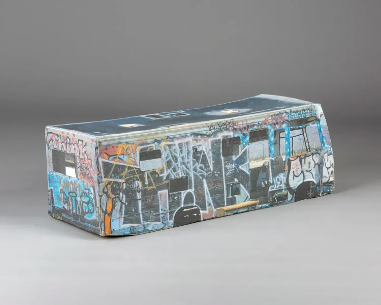 Ry Rocklen, Slice of Life, 2026. Ceramic, glaze, glaze decal 5 x 15 1/4 x 5 inches 12.7 x 38.7 x 12.7 cm.