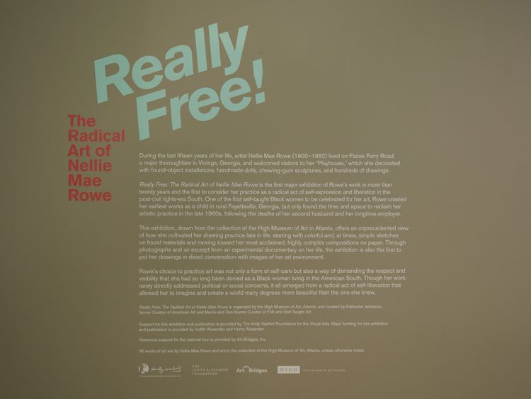 Installation view, Really Free: The Radical Art of Nellie Mae Rowe, California African American Museum · 2025 (3)