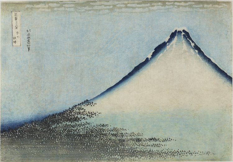 Katsushika Hokusai, Clear Day with a Southern Breeze ('Blue Fuji'), c. 1830-33, colour woodblock. The Iuchi Collection, on deposit at the National Museum of Western Art, Tokyo. Photo by Norihiro Ueno