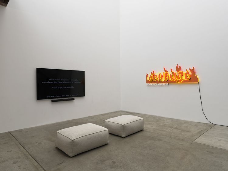 Installation view, Andrea Bowers: Democracy Needs Our Courage, Andrew Kreps Gallery, New York, 2026. Photo: Elisabeth Bernstein
