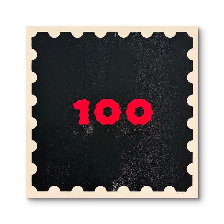 Mister E, One Hundred Stamp (Fluorescent Red), 26 × 26 in