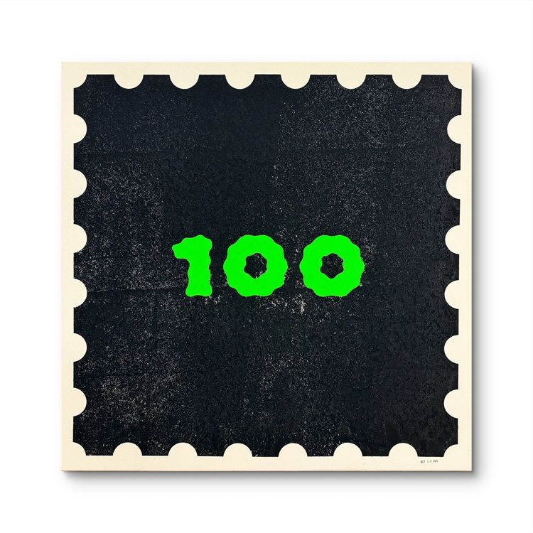 Mister E, One Hundred Stamp (Fluorescent Green), 26 × 26 in