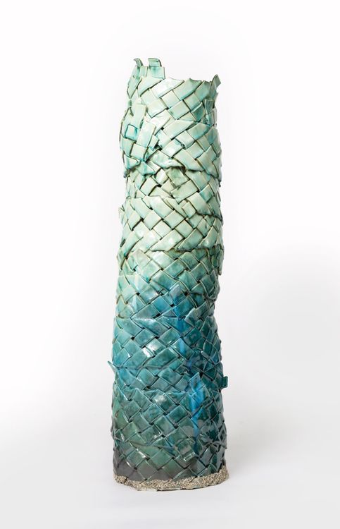 Anina Major, Water Tower, 2024, glazed stoneware, melted sea glass, and sand, 45 × 11 × 11 in. Collection Pérez Art Museum Miami. Photo: Andrew White