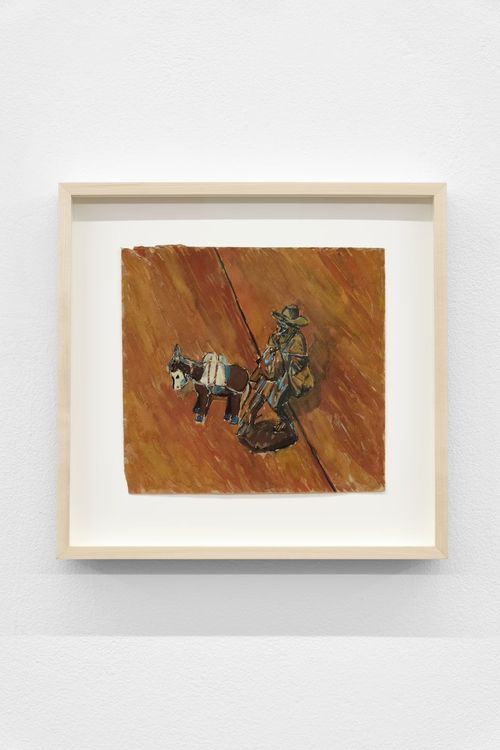 Miguel Ferrando, Untitled (Man With Donkey), ca. 1985–1990. Gouache and watercolor on paper, 15 x 15 in. (Framed)