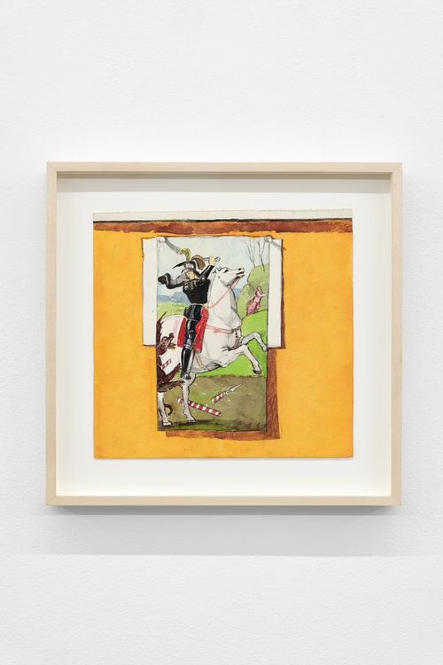 Miguel Ferrando, Untitled (Fighting Knight With Sword on White Horse), ca. 1990–1992. Gouache and watercolor on paper, 18 x 18 in. (Framed)