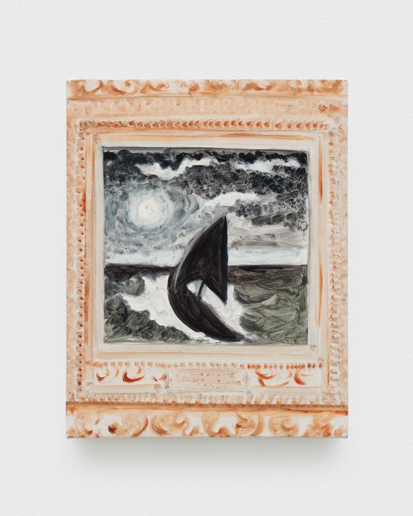 Tanya Merrill, Ryder’s ship at sea, framed for their bedside, 2026, Oil and graphite on linen, 14 x 11 inches (35.6 x 27.9 cm)