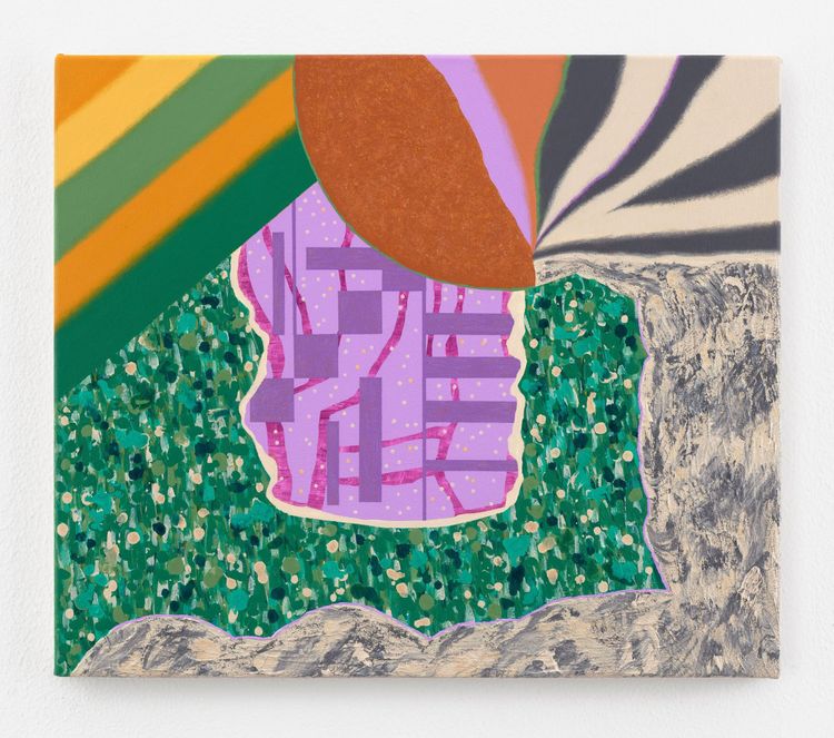Franziska Goes, Seeds and Circles / PurpleGreen, 2026. Acrylic, sand, and modeling paste on canvas 23 5/8 x 27 1/2 x 1 1/8 inches; 60 x 70 x 3 cm Photo: Eric Tschernow