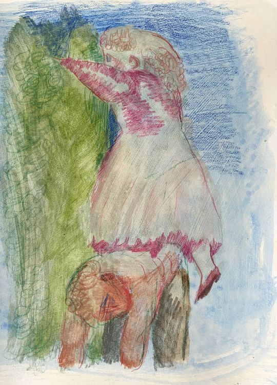 Falon Stutzman, Daughter escaping over hedge, 2026. Gesso monotype, watercolor, and colored pencil on paper 13 1/4 x 9 in 33.7 x 22.9 cm