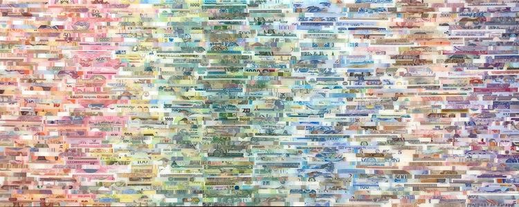Patrick Dintino, Sovereignty, international currency on panel, 24 x 60 in.