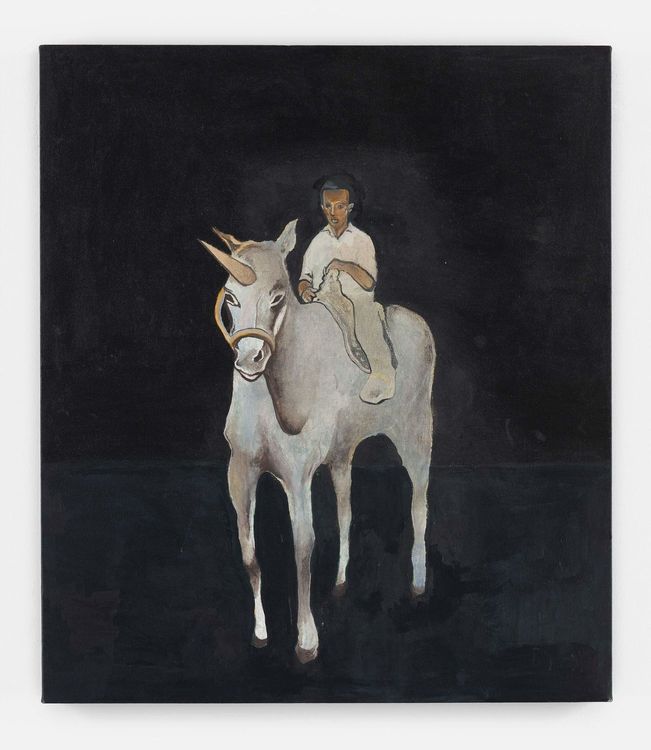 Noah Davis, 40 Acres and a Unicorn, 2007 Acrylic and gouache on canvas. 30 × 26 in. (76.2 × 66 cm). Private Collection. Courtesy of the Estate of Noah Davis and David Zwirner. Photo: Anna Arca