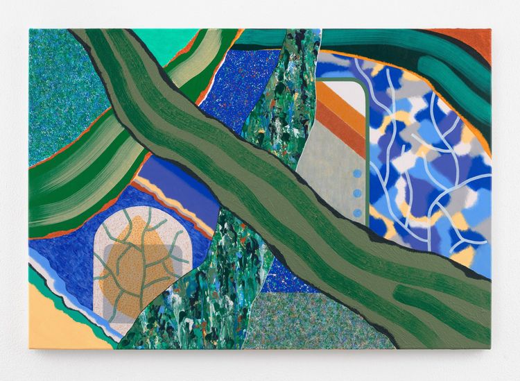 Franziska Goes, Crossings / BlueApricot, 2026. Acrylic, sand, and modeling paste on canvas 35 3/8 x 51 1/8 x 1 1/8 inches; 90 x 130 x 3 cm Photo: Eric Tschernow