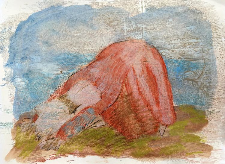 Falon Stutzman, Fallen mother in corset, 2026. Gesso monotype, watercolor, and colored pencil on paper 9 1/2 x 12 1/2 in 24.1 x 31.8 cm