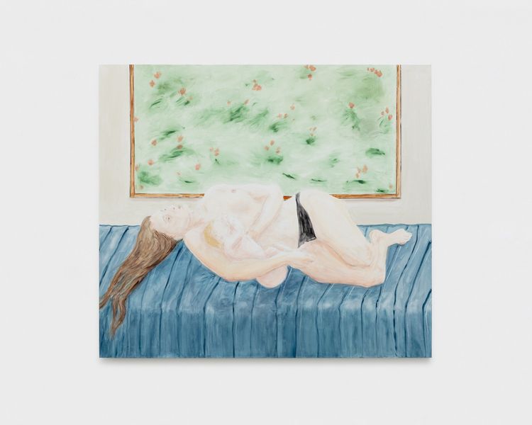 Tanya Merrill, Daybed at dawn, 2026, Oil and graphite on linen, 62 x 70 inches (157.5 x 177.8 cm)