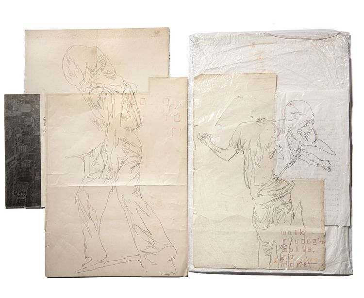 Phil Hale, Walk Through Walls or Don't (01), graphite on antique prints, photograph, cellophane bag, 28 x 28 in.