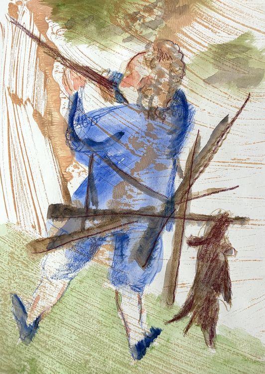 Falon Stutzman, Gentleman with rifles and dog, 2026. Gesso monotype, watercolor, and colored pencil on paper 12 1/4 x 9 in 31.1 x 22.9 cm