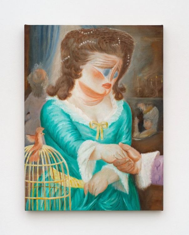 Falon Stutzman, Daughter and pet meeting father’s choice, 2026. Oil on linen 26 x 35 1/2 in 66 x 90.2 cm