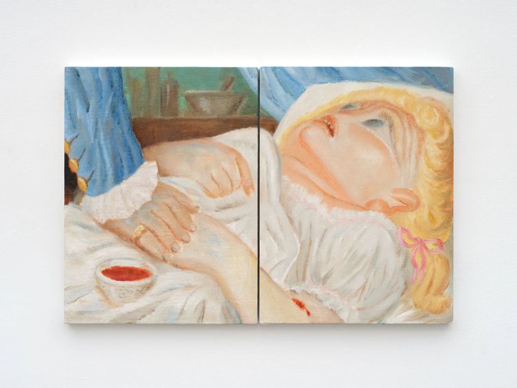 Falon Stutzman, Daughter being cured of heartbreak, 2026. Oil on linen 16 x 24 1/2 in 40.6 x 62.2 cm