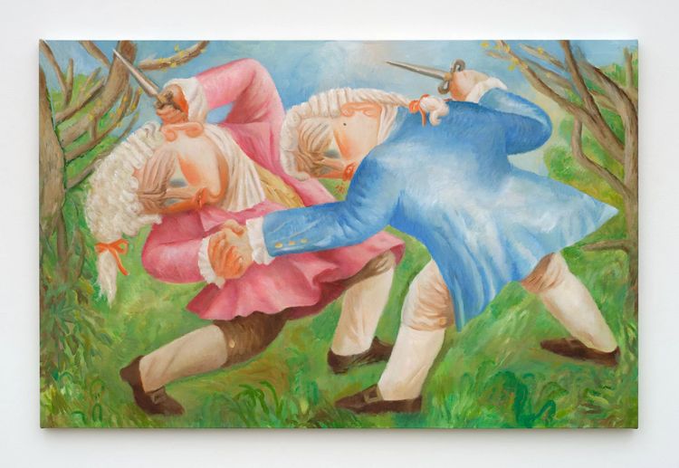 Falon Stutzman, Brothers fighting on a lawn, 2026. Oil on canvas 37 x 57 in 94 x 144.8 cm