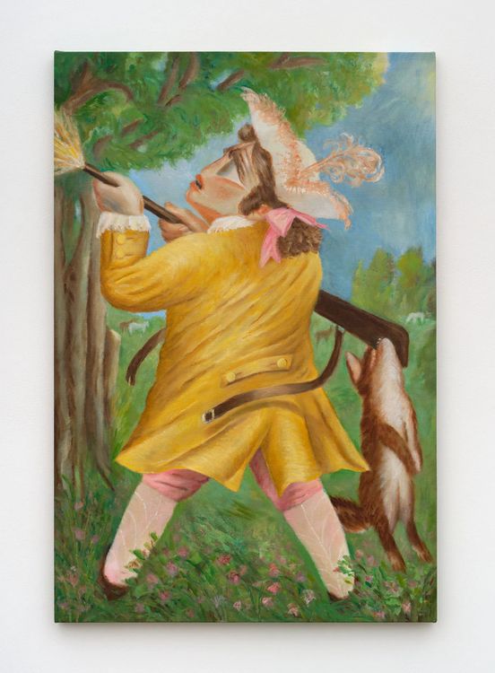 Falon Stutzman, Gentleman with new rifle and fox, 2026. Oil on linen 29 1/2 x 44 in 74.9 x 111.8 cm