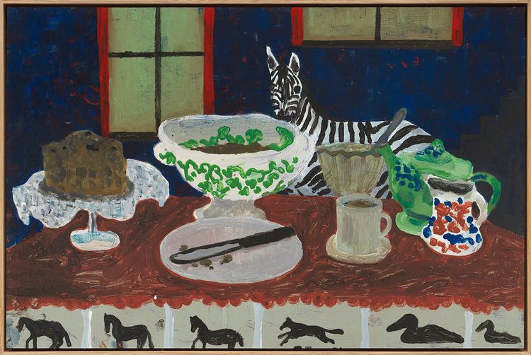 Danny Fox, High Tea, 2026, acrylic on board mounted on panel, framed 15 3/4 x 23 5/8 in. (40 x 60 cm.)