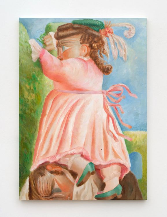Falon Stutzman, Daughter escaping over a hedge, 2026. Oil on canvas 42 x 30 in 106.7 x 76.2 cm