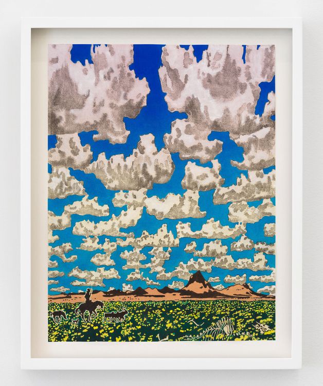 Aaron Morse, Cloud World, Shepherd With Wildflowers (Color Variant Cinnamon/Lime), 2026. Acrylic, watercolor and ink on paper, unframed, 25 1/4 x 19 1/4 in (64.1 x 48.9 cm). Courtesy of the artist and Philip Martin Gallery.