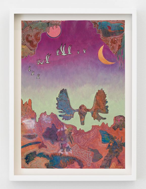 Aaron Morse, Fossil Record, 2025. Acrylic, watercolor and collage on paper, framed. 33 1/4 x 24 1/4 x 1 1/2 in (84.5 x 61.6 x 3.8 cm) framed; sheet 30 3/8 x 21 in (77.2 x 53.3 cm). Courtesy of the artist and Philip Martin Gallery.