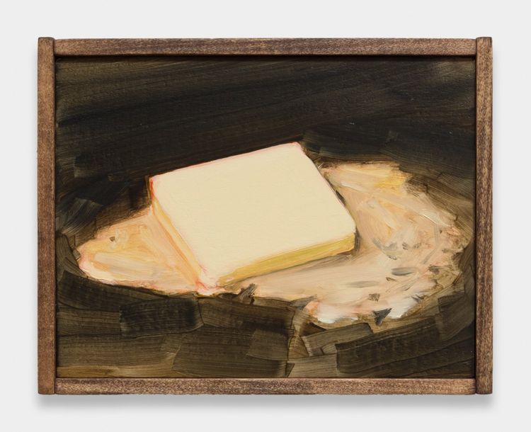 Adam Beris, Butter, 2025. Oil on board, artist's frame, 6.13 x 7.88 x 1.5 in (15.57 x 20 x 3.81 cm).