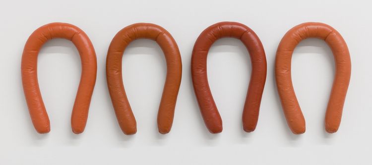 Adam Beris, Conquest, War, Famine, Death, 2026. Acrylic paint on resin, 8 x 25 x 1.25 in (20.32 x 63.5 x 3.17 cm).