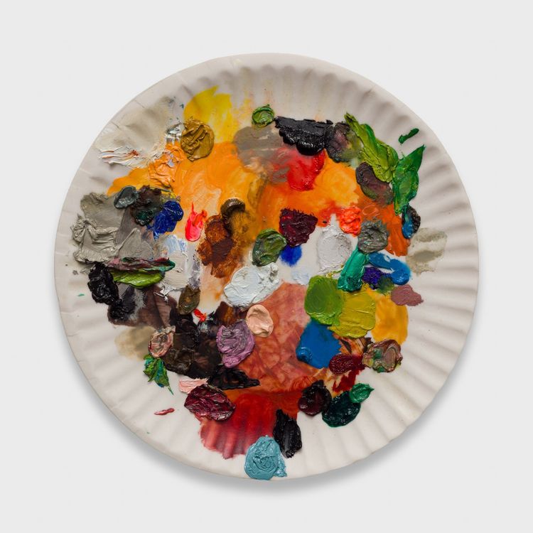 Adam Beris, Palette# 11, 2026. Oil on porcelain, 7.75 x 7.75 x 0.75 in (19.68 x 19.68 x 1.91 cm).