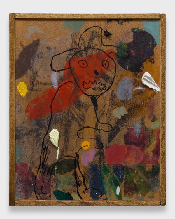 Adam Beris, Self Portrait, 2026. Oil, vinyl water color, image transfer on board, artist's frame, 10.63 x 8.63 x 1.5 in (27 x 21.92 x 3.81 cm).