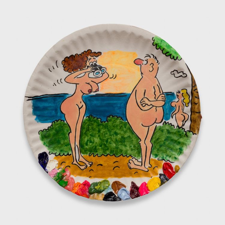 Adam Beris, Souvenir (Female Gaze), 2026. Oil on porcelain, 7.75 x 7.75 x 0.75 in (19.68 x 19.68 x 1.91 cm).