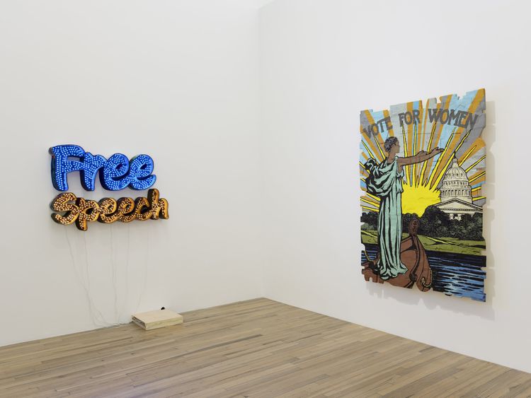 Installation view, Andrea Bowers: Democracy Needs Our Courage, Andrew Kreps Gallery, New York, 2026. Photo: Elisabeth Bernstein