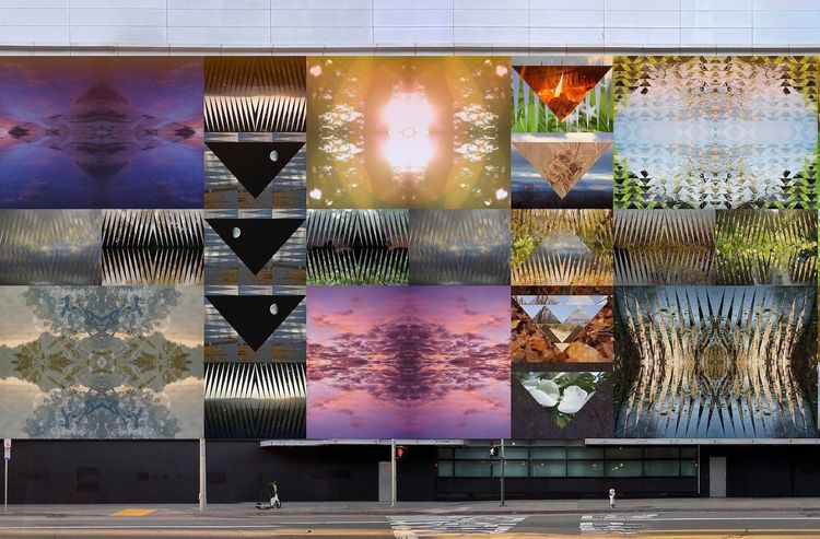 Jeffrey Gibson, rendering of THIS BURNING WORLD, 2026, vinyl facade on the Mission Street side of the former Bloomingdale's building at the San Francisco Centre