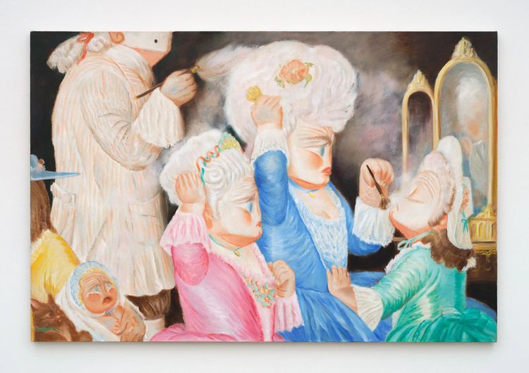 Falon Stutzman, Mother and daughters treating their wigs, 2026. Oil on linen 40 x 60 in 101.6 x 152.4 cm
