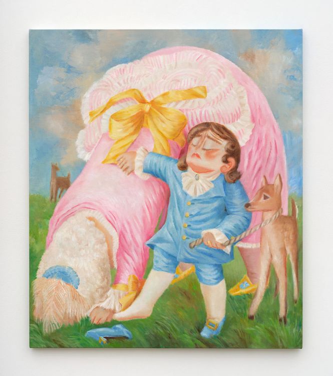 Falon Stutzman, Mother tipped over in corset, her son and stolen fawn, 2026. Oil on canvas 43 x 38 in 109.2 x 96.5 cm