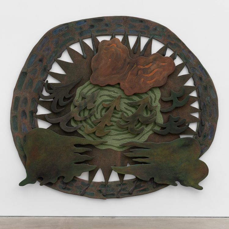 Gabriel Slavitt, Blown Tire, 2026. House paint, drywall mud, sand, india ink, chalk pastel, plaster & foam on canvas and burlap stretched over wood panels. 106 x 121 x 3 1/2 inches.