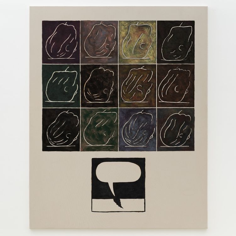 Gabriel Slavitt, The Word, 2024. House paint, chalk pastel, india ink & drywall mud on canvas. 108 x 86 3/4 x 1 5/8 inches.
