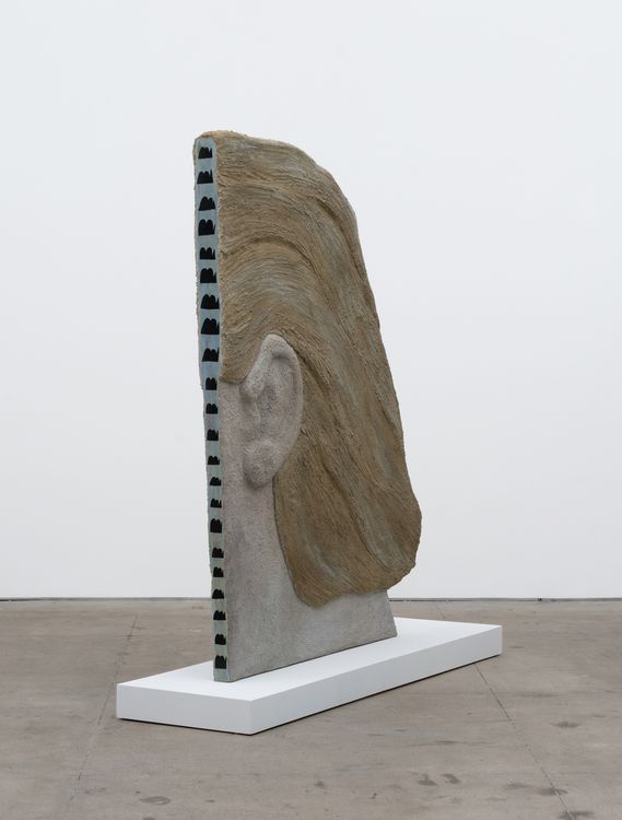 Gabriel Slavitt, Fossil Record (The Angels Spoke in Correspondences), 2026. House paint, drywall mud, india ink, sand, chalk pastel, varnish, wire mesh & plaster on foam. 65 x 50 x 4 1/2 inches, sculpture ; 3 7/8 x 18 1/2 x 66 inches, pedestal.